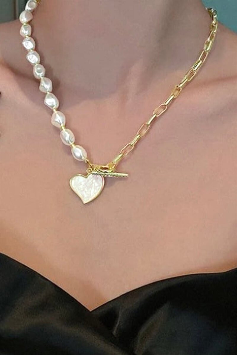 Gold Heart Shape Pendant Rhinestone Decor Pearl Chain Necklace - 图片 3