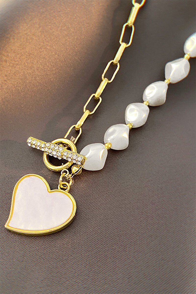 Gold Heart Shape Pendant Rhinestone Decor Pearl Chain Necklace - 图片 6