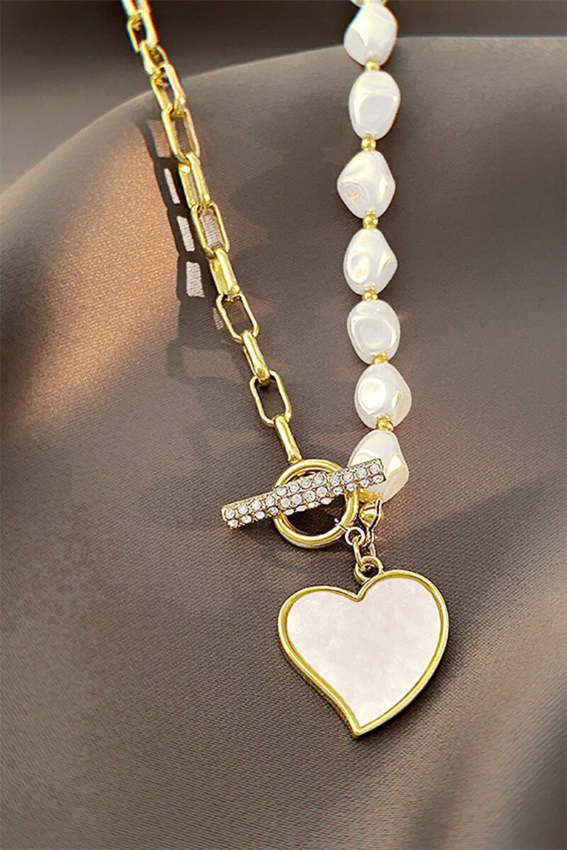 Gold Heart Shape Pendant Rhinestone Decor Pearl Chain Necklace - 图片 5