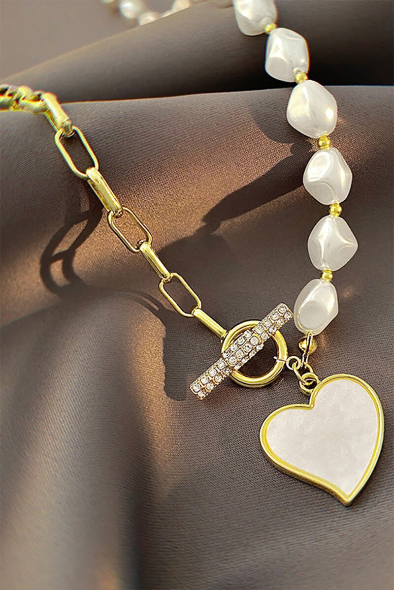 Gold Heart Shape Pendant Rhinestone Decor Pearl Chain Necklace - 图片 7